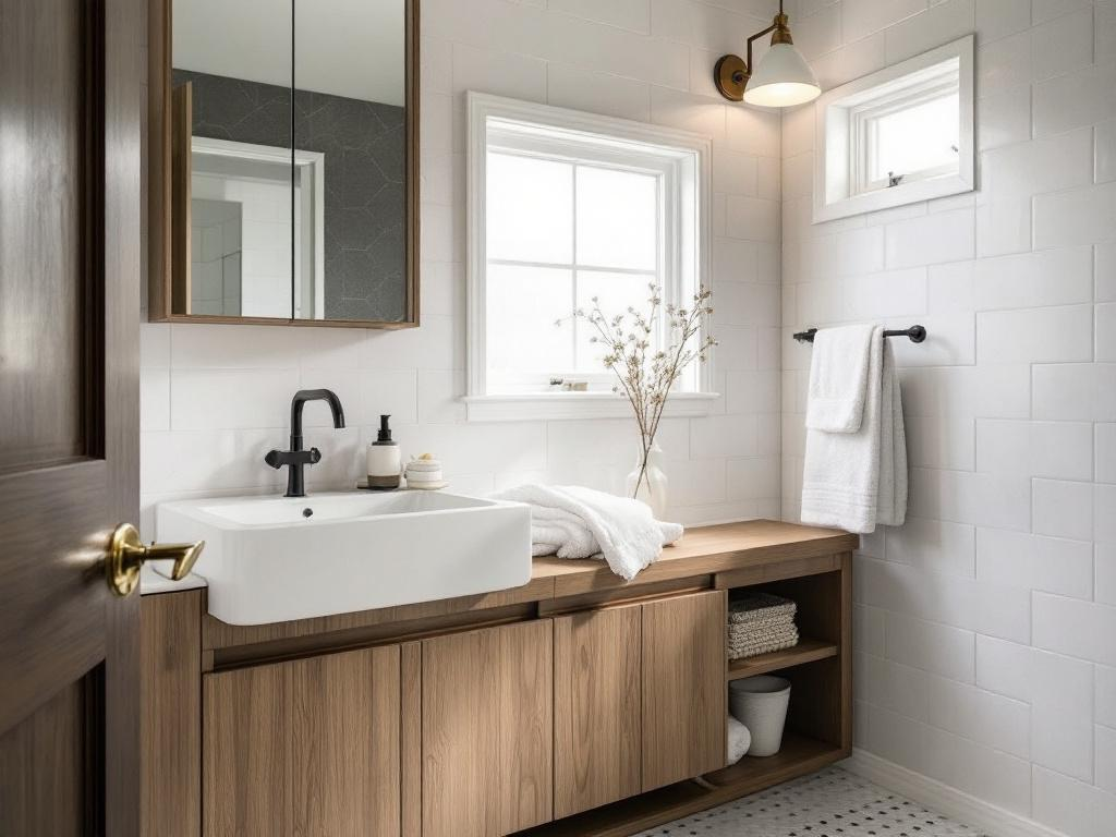 A sleek, contemporary restroom that has benefitted from cost-effective renovation techniques.