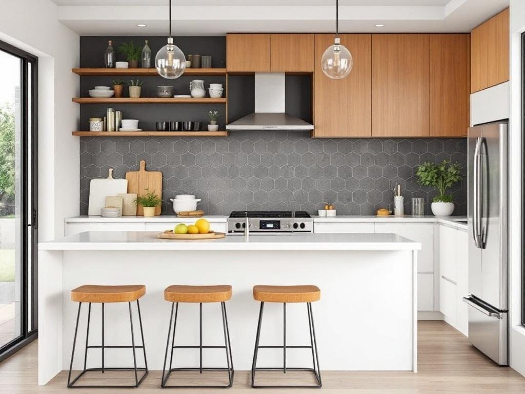 A blend of mid-century aesthetics and contemporary design elements in a renovated kitchen.