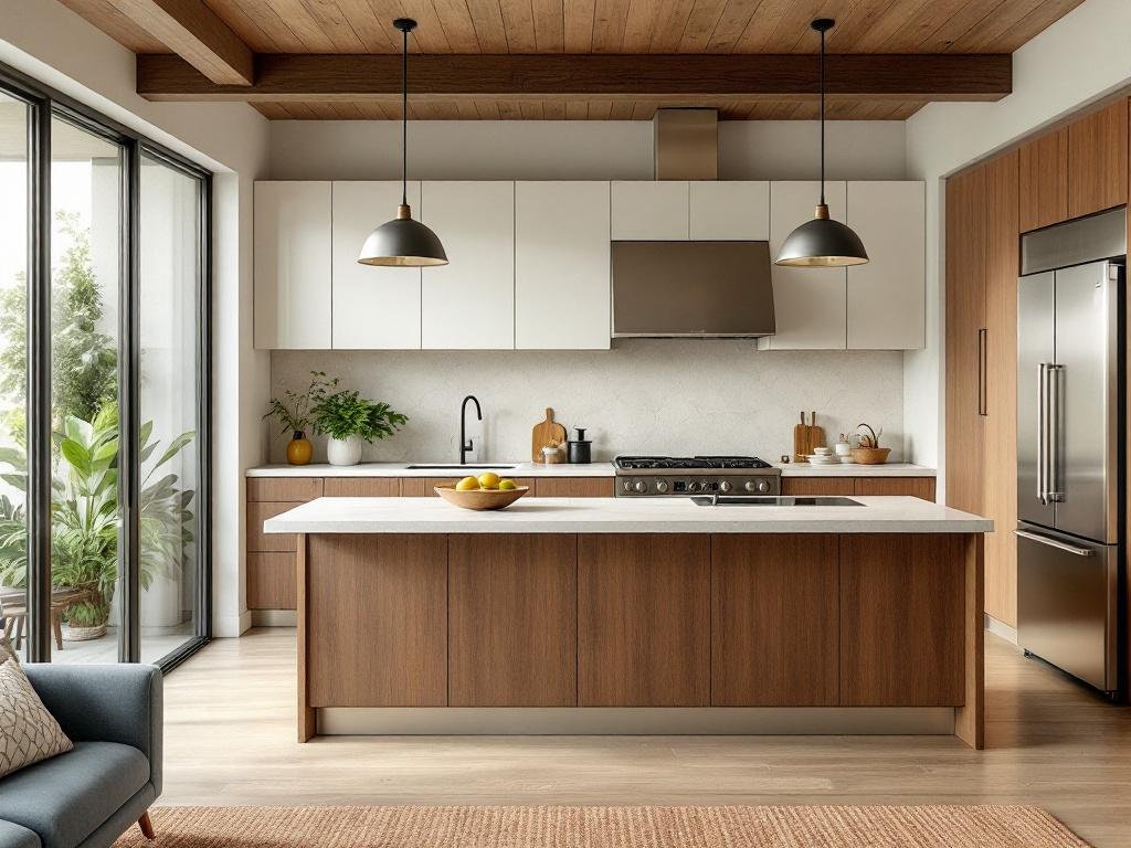 Alt Text: Mid-century modern kitchen with state-of-the-art appliances, natural wood cabinets, and clean, contemporary design elements.