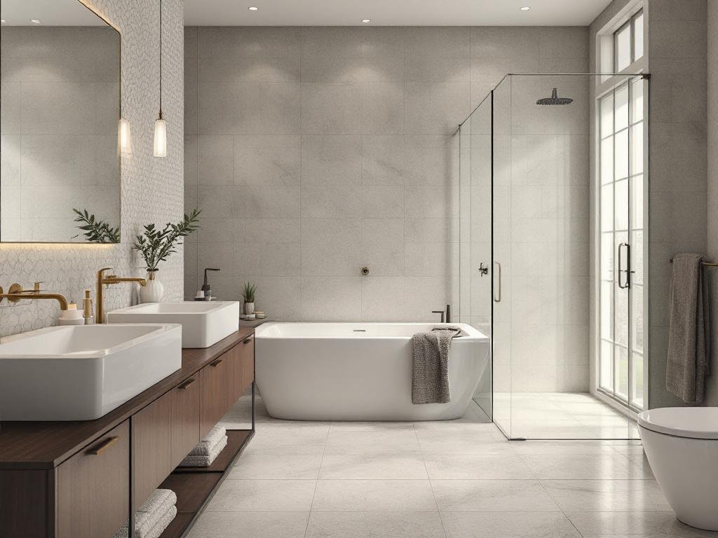 Picture illustrating various modern, luxurious bathroom renovation ideas.