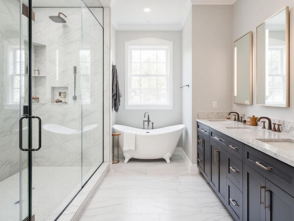 Elegant master bathroom post-makeover showing modern fittings and tasteful decor accentuated by ample lighting in a Westwood home.