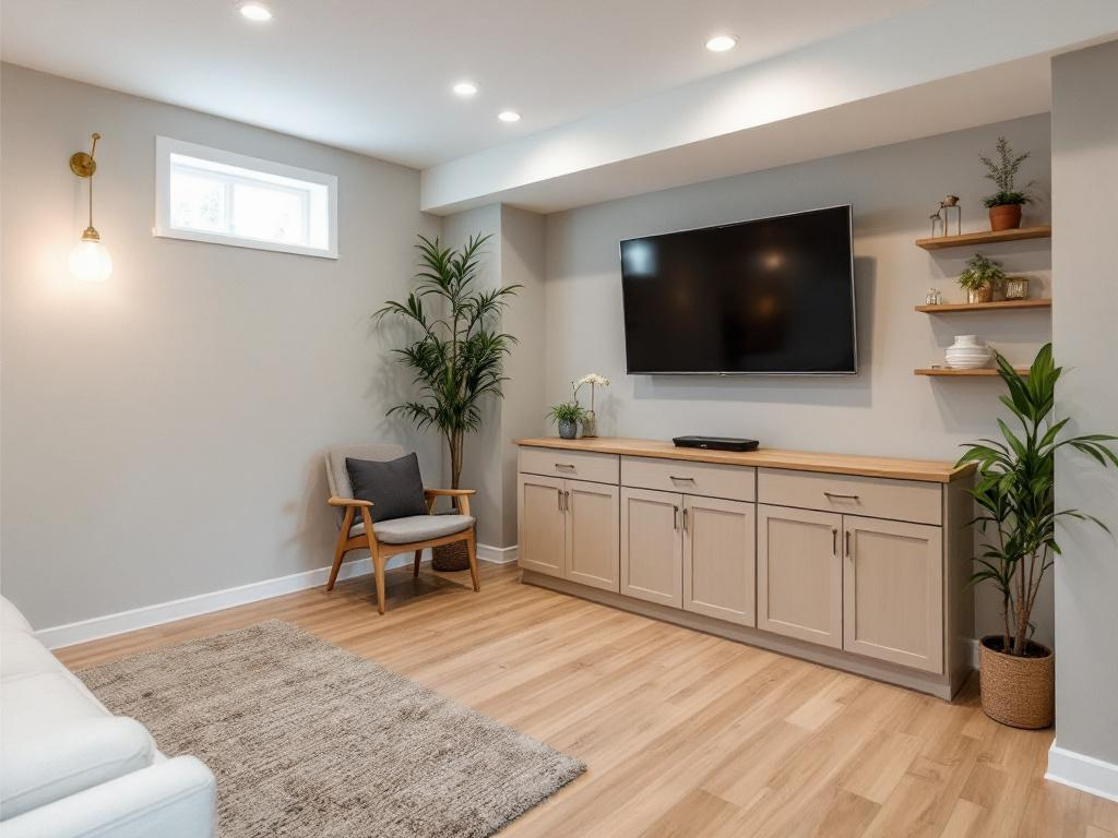 A renovated basement showing a modern design concept.