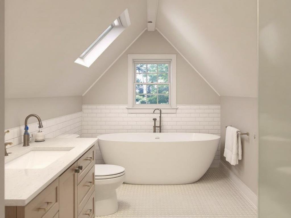 Caption:'Step into sophistication with this chic, modern attic bathroom remodel in Medford MA.' 'A newly transformed, contemporary attic bathroom space in Medford MA.'