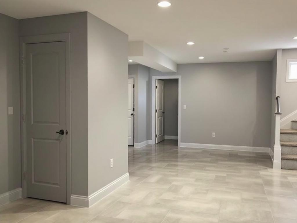 Revamping Your Lower Level: Progressive Phases of Basement Finishing in Contemporary Style A sleek, contemporary-designed basement undergoing transformation in various stages of finishing.