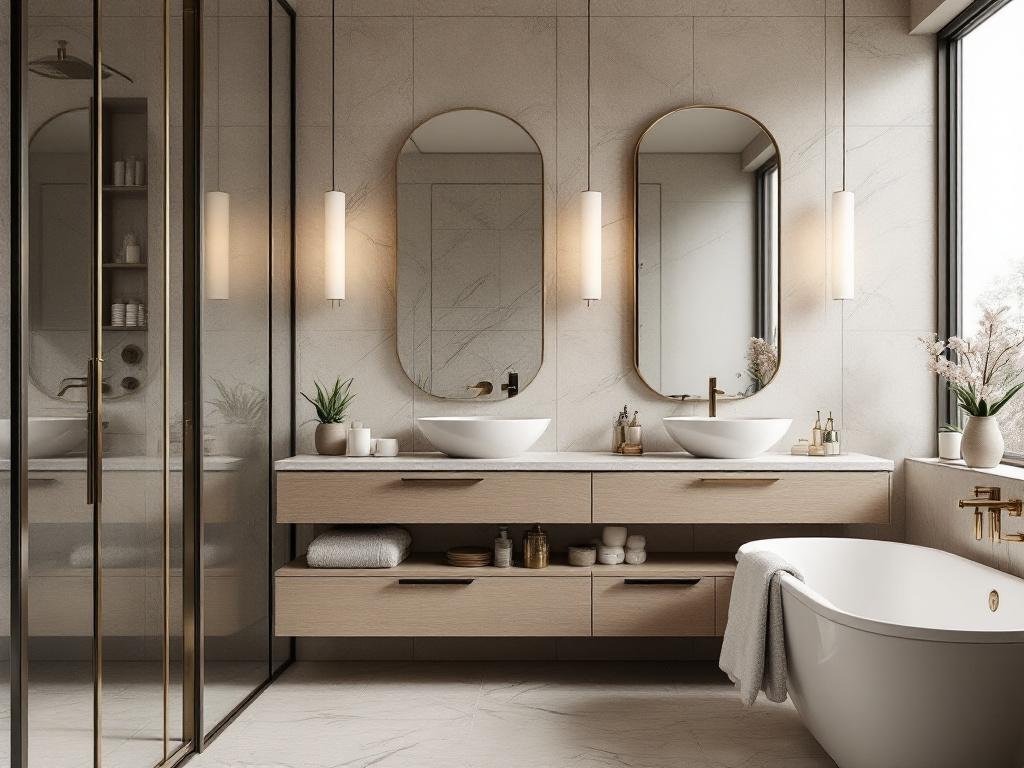 A beautifully renovated modern bathroom embodying serene elegance and contemporary design aesthetics.