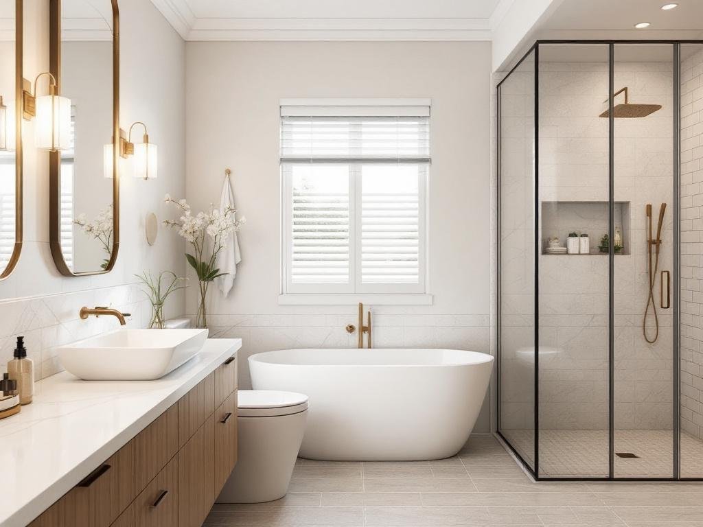 A soothing image of a newly revamped modern bathroom displaying calm elegance.