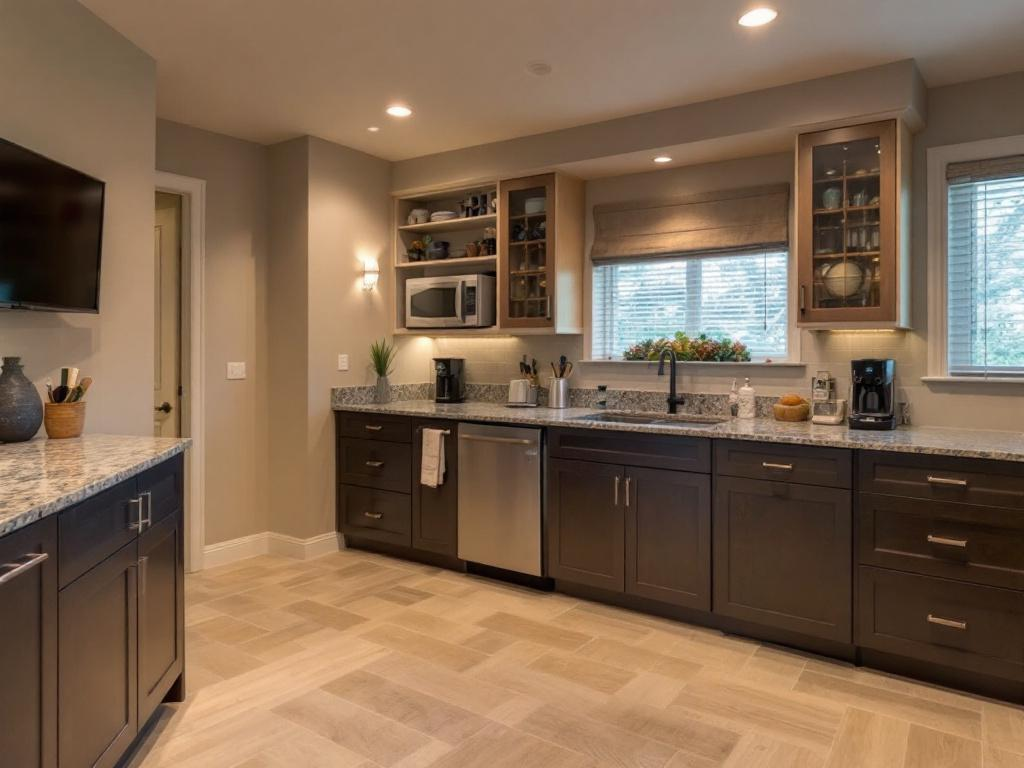 Modern finished basement interior showcasing a living room like setting and a dedicated storage space.