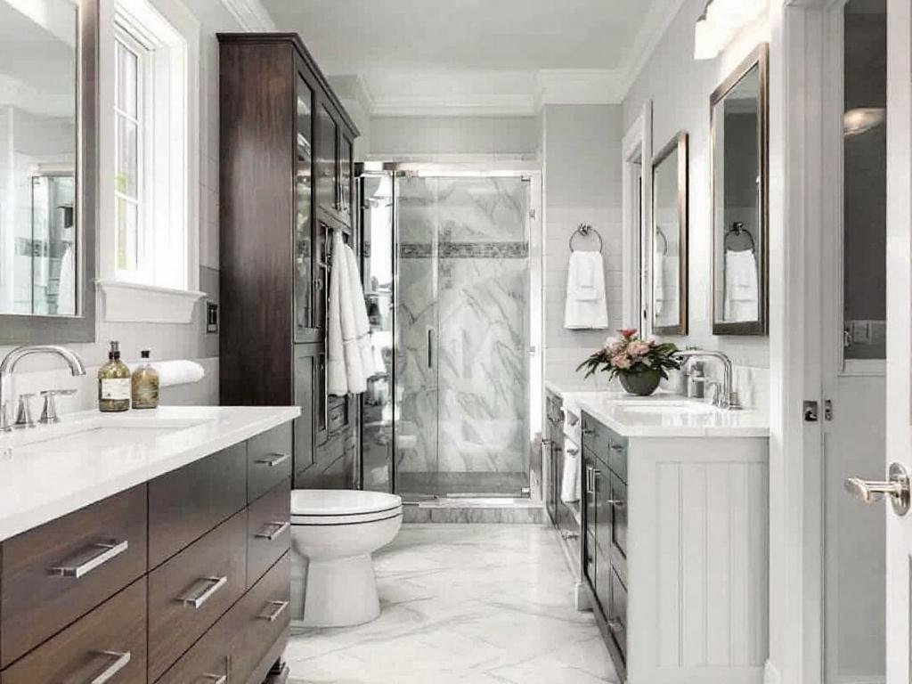 Caption: Best General Contractors in Wellesley, MA Unveil Top Notch Modern Bathroom Renovation. Skilled general contractors showcasing a stunning modern and contemporary bathroom remodeling in Welley, MA.