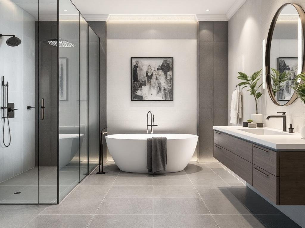 Caption: The magic of modernity - a stunning bathroom transformation featuring a centerpiece bathtub in a contemporary design. Luxurious modern bathroom showcasing a contemporary design with a new, pristine bathtub.