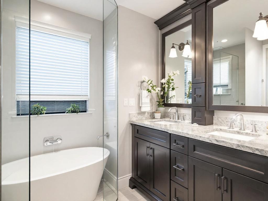 A renovated bathroom showcasing a contemporary design, embodying'Bathroom Replacement Near Me'.