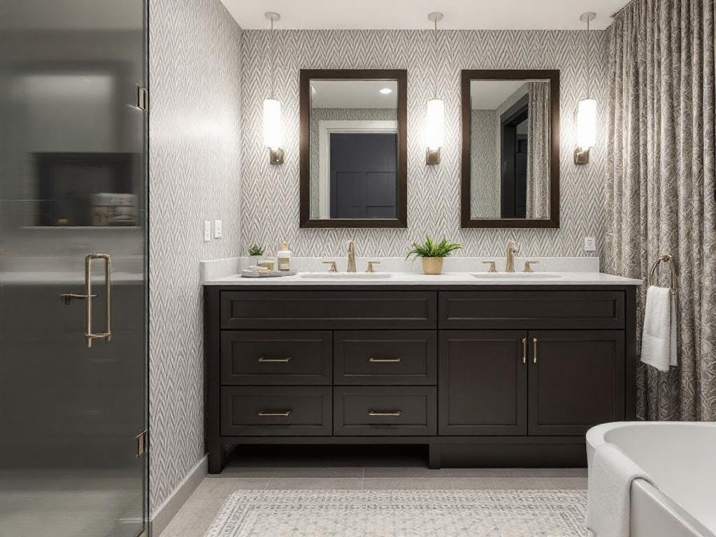 Premiere Bathroom Transformation: A Showcase of Contemporary Design Near Sharon by Expert Basement Remodelers. Alt Text: Modern bathroom renovation by professional remodellers near Sharon.