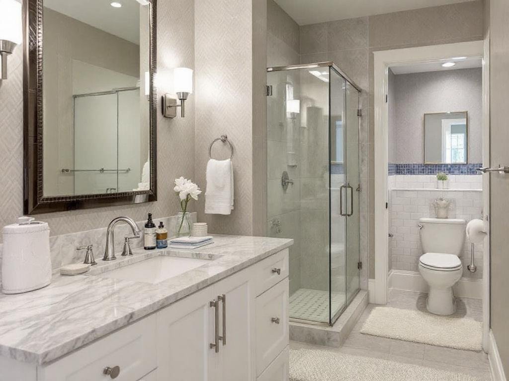Caption: Brilliant Basement Makeovers: A showcase of our recent bathroom remodel in Sharon. Skilled basement remodelers working on a luxurious bathroom remodel near Sharon.