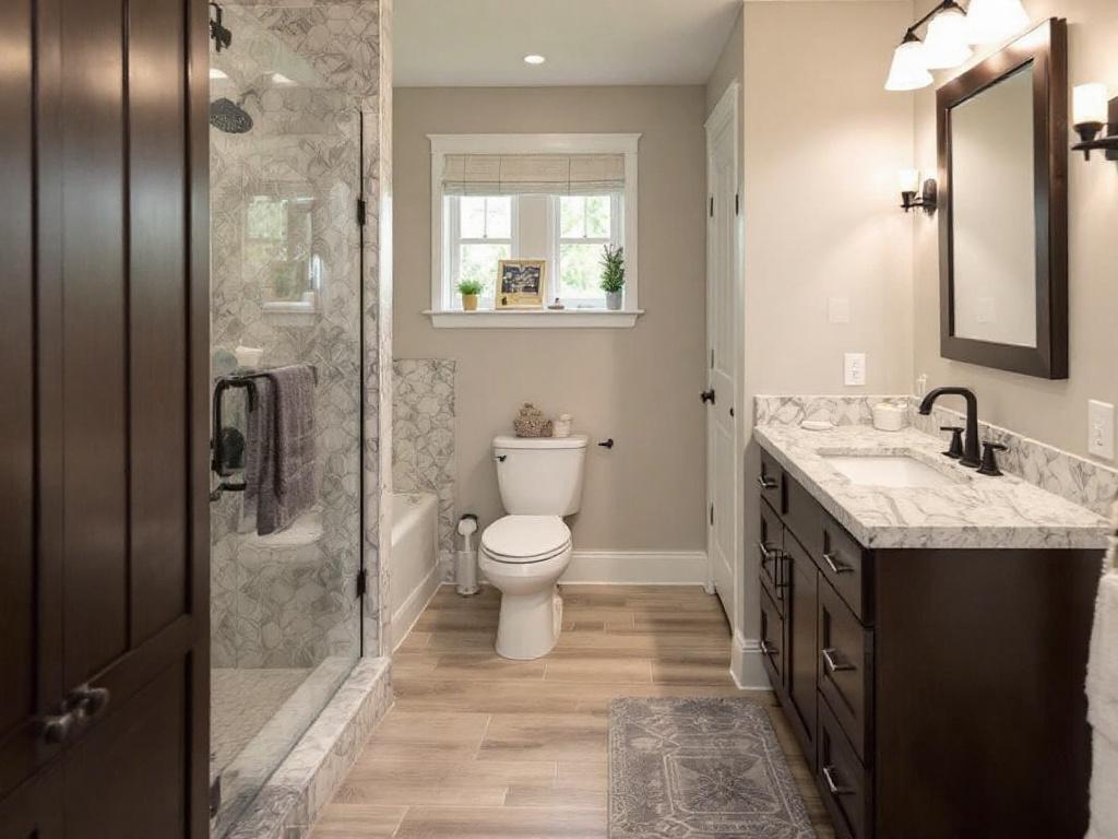 Professional bathroom contractors finishing up a contemporary designed remodel in Needham, MA.