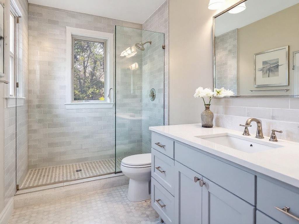 Professional tile installers working on a modern bathroom remodeling project in Welley MA.