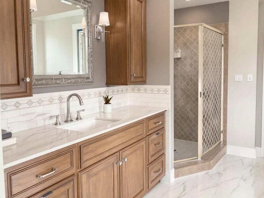 Experienced tile installers at work on a bathroom remodeling project in Welley MA.