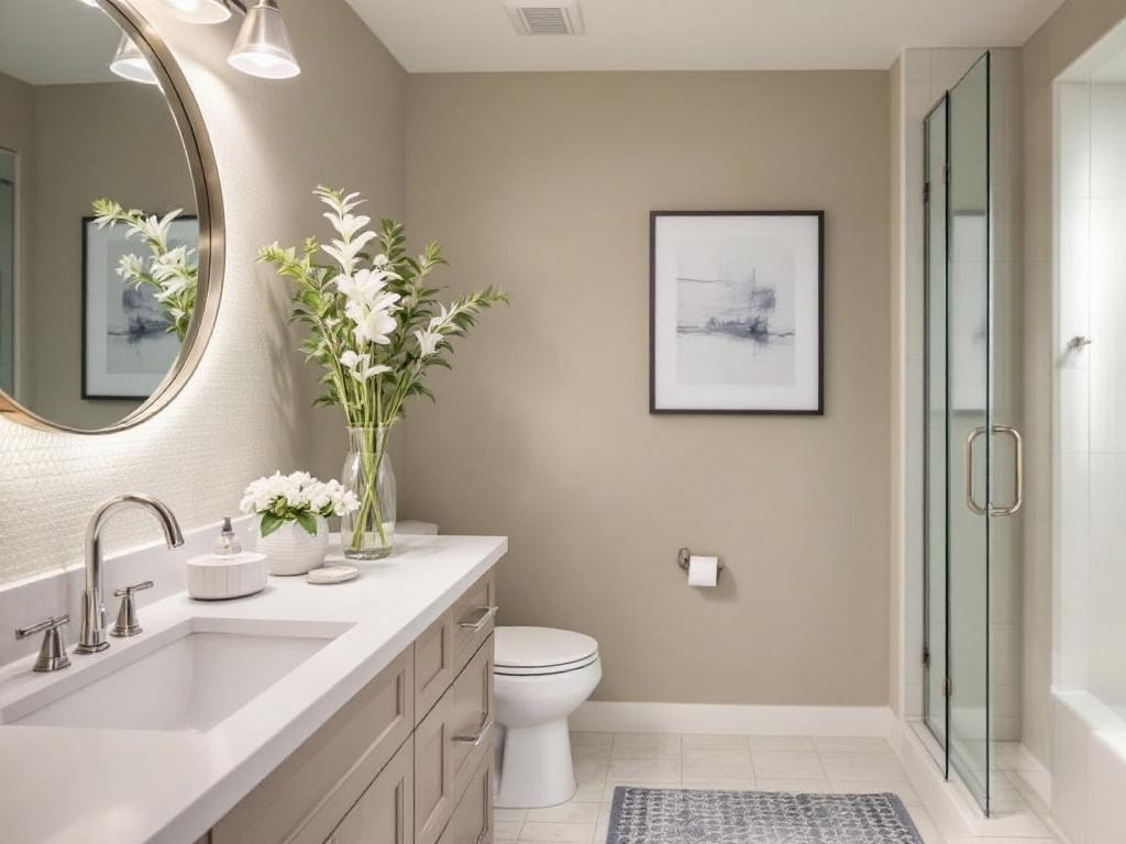 An image of a sleek and contemporary bathroom design, upgraded in an economical way.
