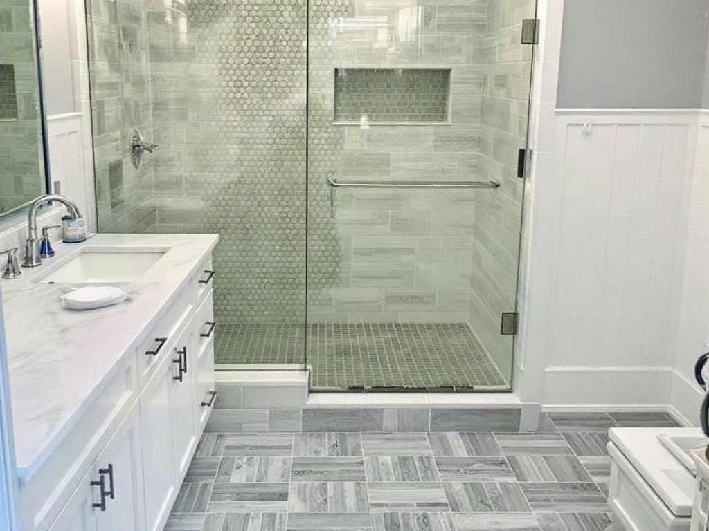 Enjoy a Modern Makeover in Winchester, MA With Expert Tile Flooring Installers Tile flooring installers working on a contemporary flooring design in Winchester, MA.