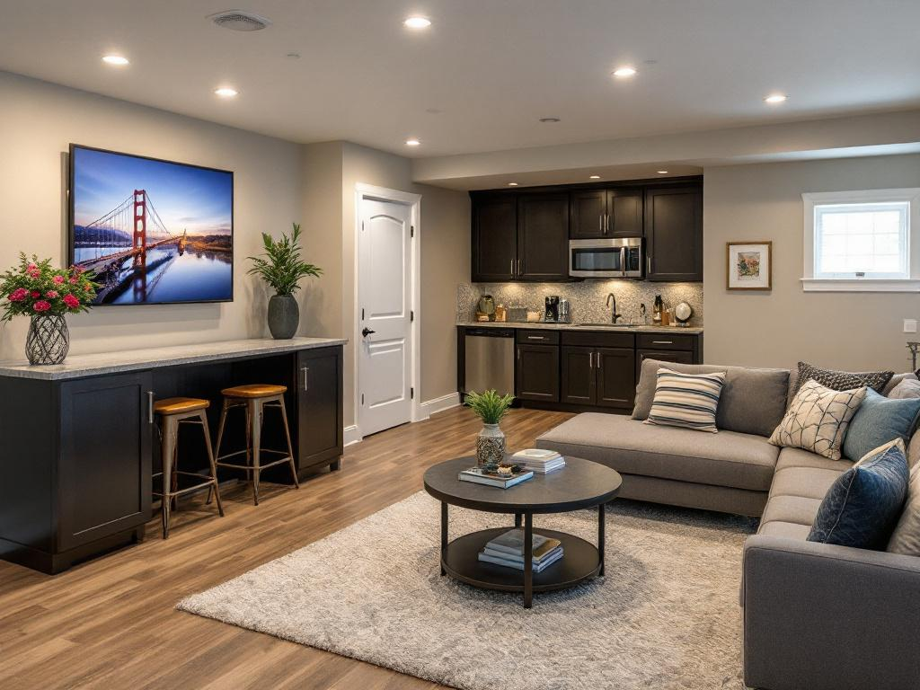 Reinvent Your Underground Space: Modern Basement Makeover Bright, modern basement renovation with contemporary furnishings and decor.