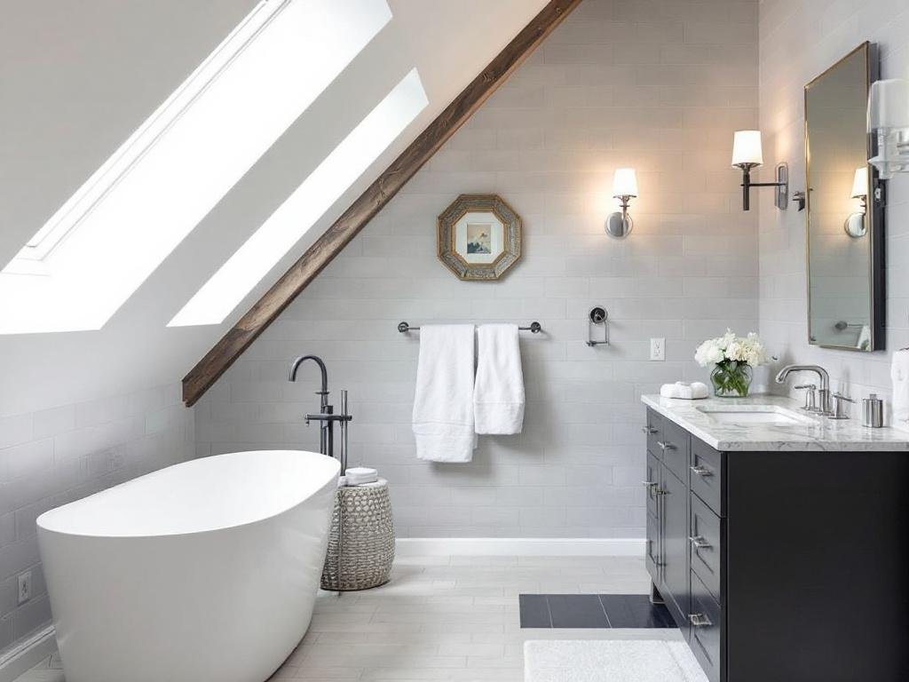 A modern, contemporary-styled attic bathroom in Medford, MA after transformation.