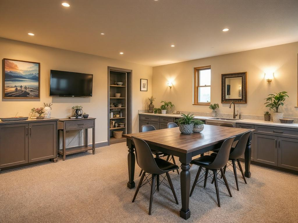 A sleek and modern design for a finished basement renovation in a residential home.