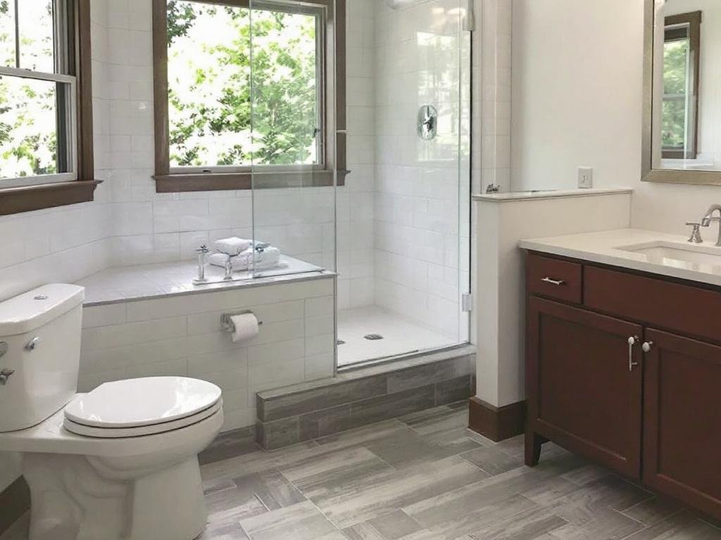 Professional floor tile installers at work in Wayland, MA, installing modern and contemporary design floor tiles for a bathroom remodeling project.