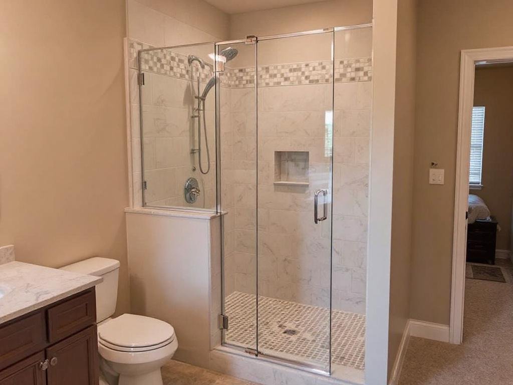 A freshly-installed Walk-In Shower with a modern, contemporary design featured as a part of a bathroom remodel.