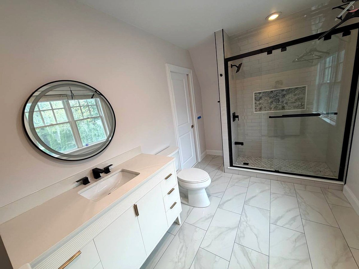 Bathroom remodel Newton Center MA - large-format floor tiles with walk-in shower overview