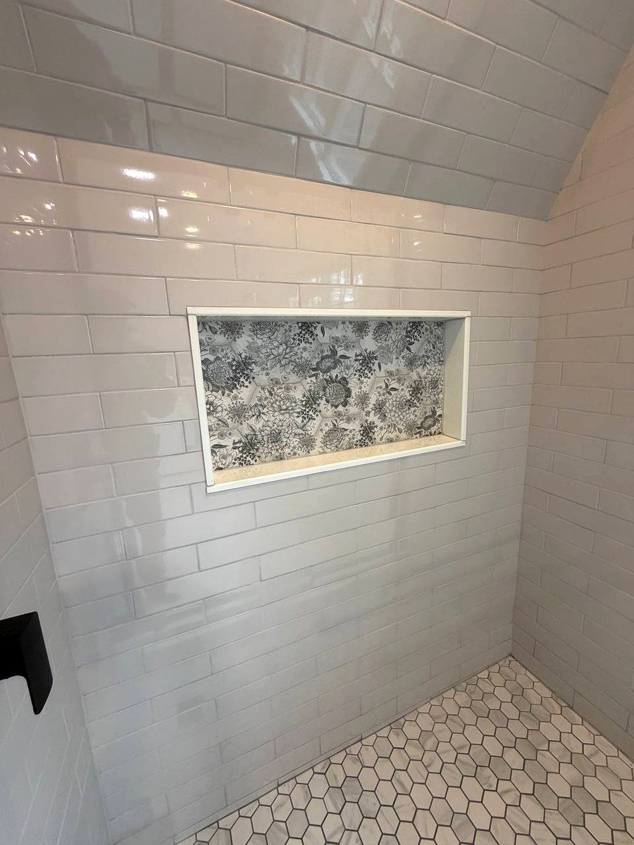 Bathroom renovation Newton Center MA - full room view showing vanity area and walk-in shower