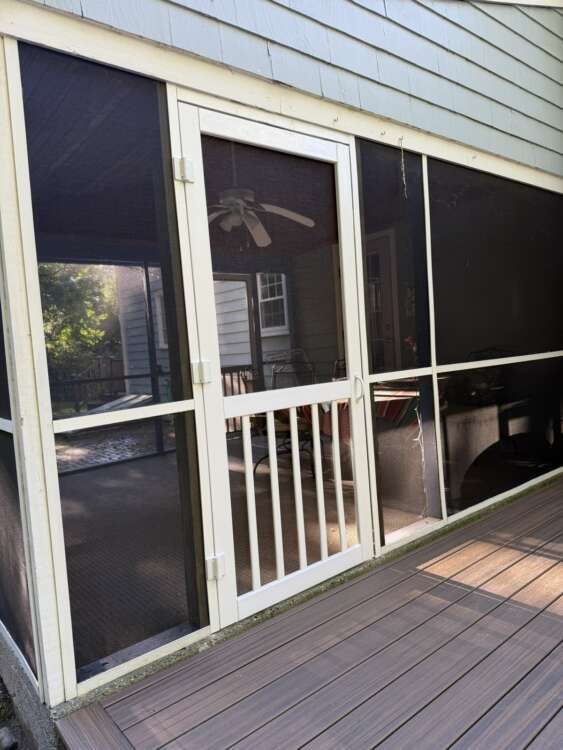 New screen door opening from screened porch onto the deck, Acton MA