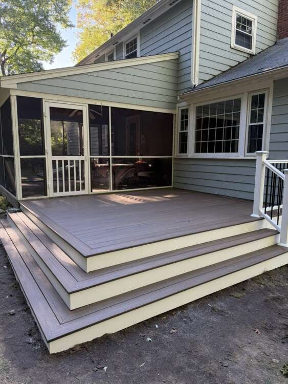 New Trex deck with railing and screened porch door, Acton MA