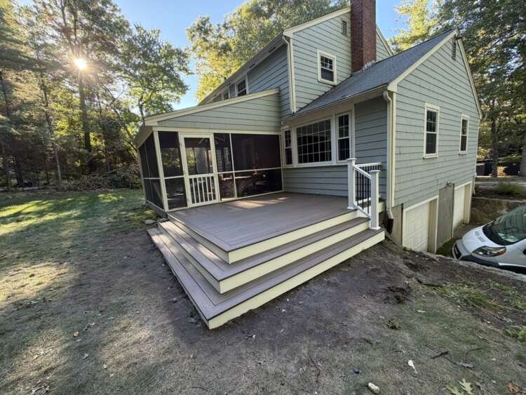 Trex deck with wide steps on the open sides, Acton MA