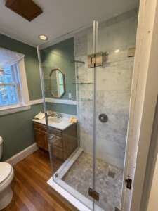 needham-walk-in-shower-frameless-glass-door-hex-mosaic-floor Frameless glass shower door and hexagon mosaic floor, Needham MA
