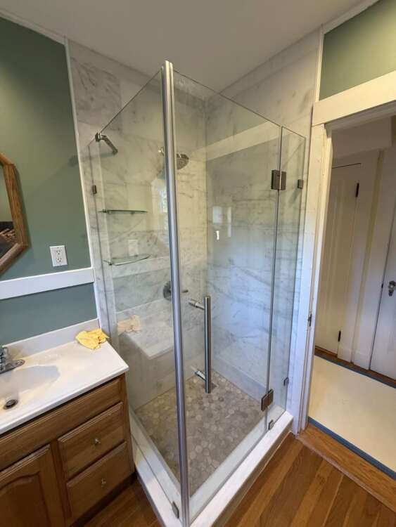 Glass corner shelves in a new walk-in shower, Needham MA